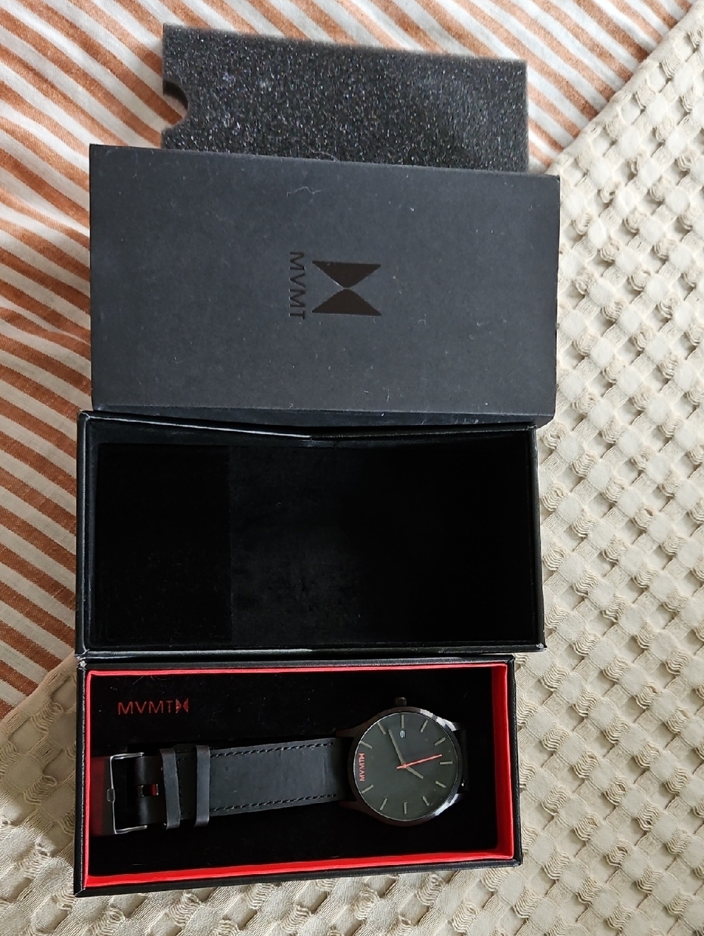 MVMT Black Watch with Red Accents and Black Leather Strap